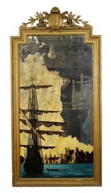 French Napoleon III gilt mirror with painting of ship