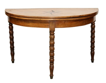French demi lune flip top console table with marquetry star on turned legs