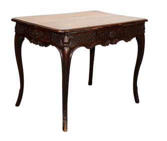 French Louis XV game table in walnut with carved shell corners and 4 drawers