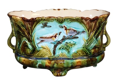 French Barbotine oval cachepot with birds