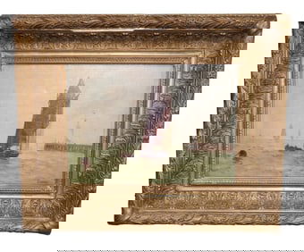 French oil on canvas painting harbor scene signed lower right Faivre