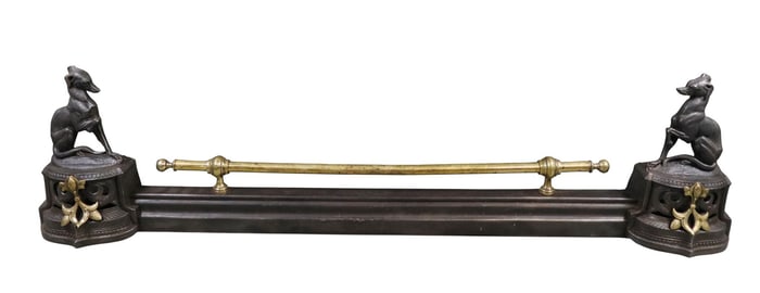 French cast iron fireplace fender with dogs