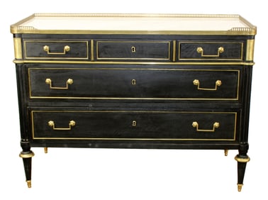 French Louis XVI style 4 drawer commode in walnut with ebony finish, bronze trim, marble top and