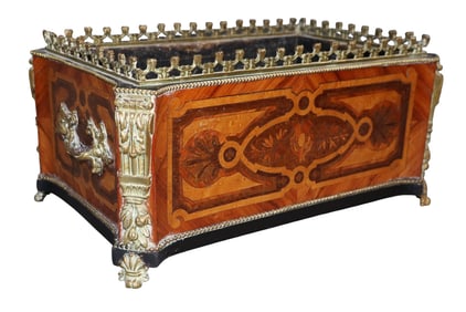 French marquetry jardiniere with bronze trim and handles