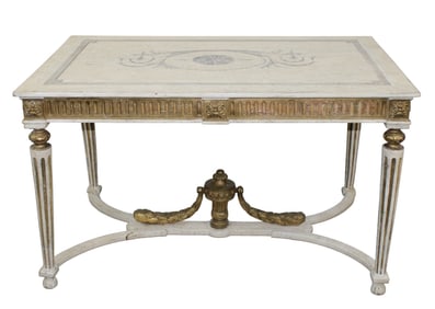 French Louis XVI style parlor table on tapered legs with gilt urn finial
