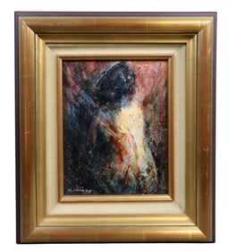 French Abstract figural nude oil on board painting