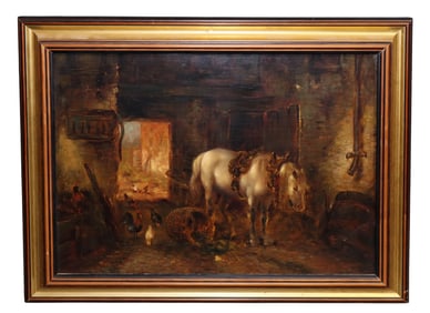 Continental oil on board painting depicting barn scene with horse