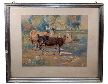 French watercolor on paper pastoral painting with cows
