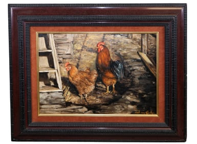 J. VAN RYCKE "Le Roi de la Bassecour" oil on canvas depicting roosters