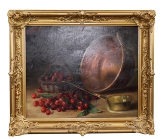 French oil on canvas painting still life scene with cherries