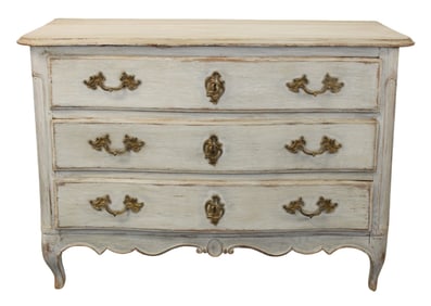 French Louis XV 3 drawer commode in walnut with painted finish