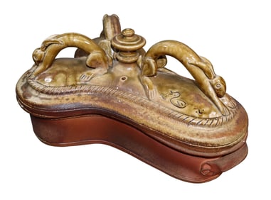 French glazed terra cotta pate tureen with rabbits