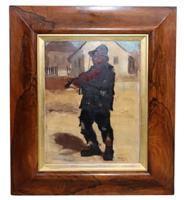 English oil on board painting of a man playing violin