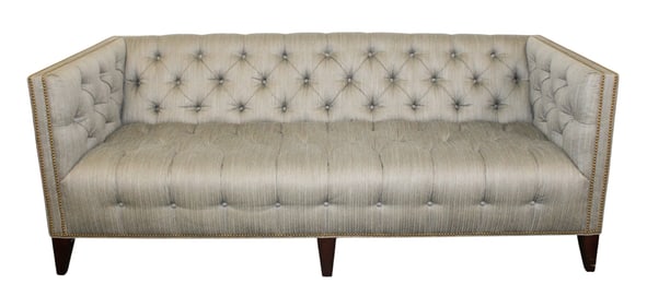 Oversize Marge Carson tufted and studded square arm sofa on 6 legs