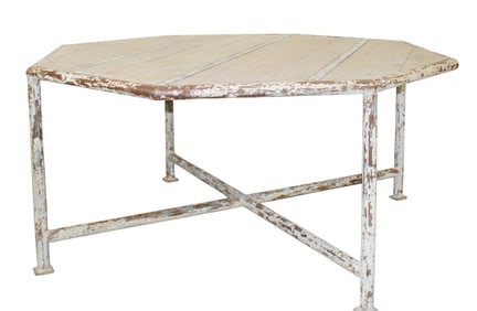 Large scale French octagonal table in iron with pine