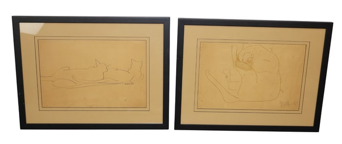 Pair of June Groff (1903-1973) pencil drawings depicting cats.