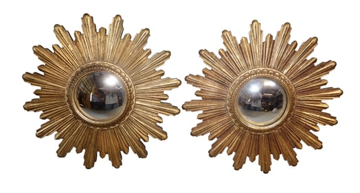 Pair of French miniature cast resin sunburst mirrors with convex glass