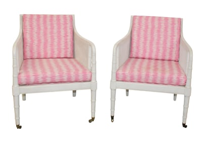 Pair of faux bamboo carved frame chairs with cane