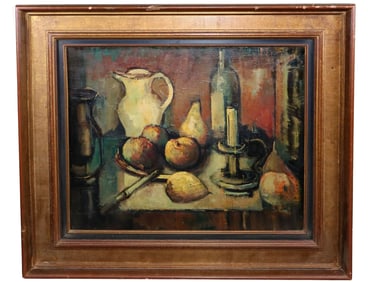French oil on canvas painting still life with fruit and wine