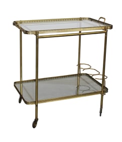 French brass and glass two tier rolling bar cart with bottle holders