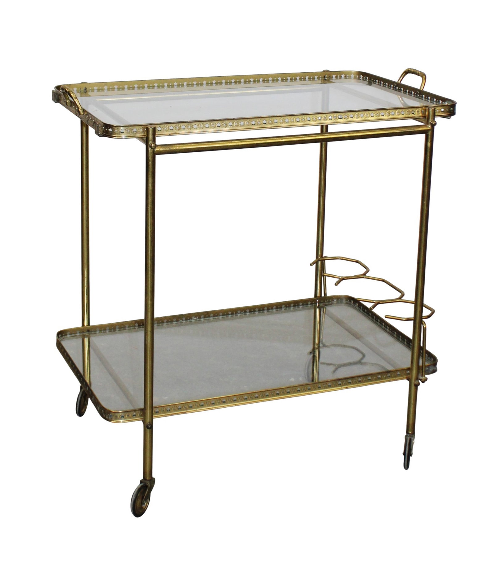 French brass and glass two tier rolling bar cart with bottle holders (1 of 7)