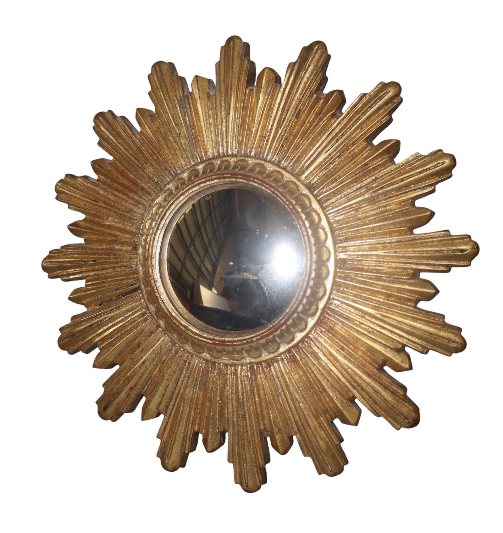 French miniature sunburst mirror with convex glass: French miniature sunburst mirror in cast resin with convex glass. Late 20th century. 9 7/8" dia Weight: 2lbs