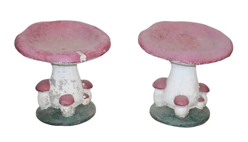 Pair of French cast concrete garden mushrooms