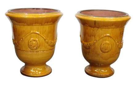 Pair of French Terre Figuiere Anduze yellow glazed terra cotta garden urns