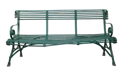 French Arras painted iron garden bench with hoof feet
