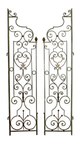 Pair of French scrolled verdigris iron garden gates