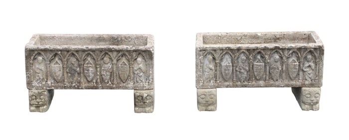 Pair of French cut stone trough planters on figural pot feet
