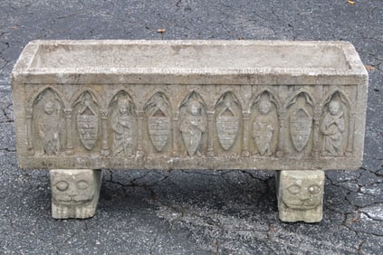 French large cut stone trough planter on figural pot feet