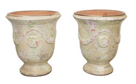 Pair of French Terre Figuiere Anduze matte glazed terra cotta garden urns