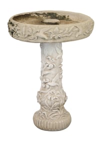 Naturalistic faux bois concrete pedestal bird bath