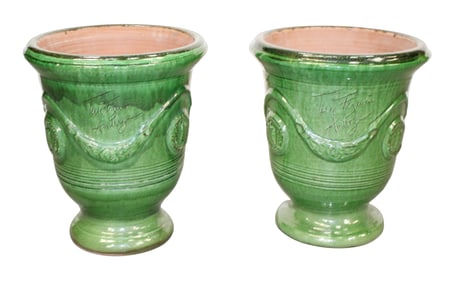 Pair of French Terre Figuiere Anduze green glazed terra cotta garden urns
