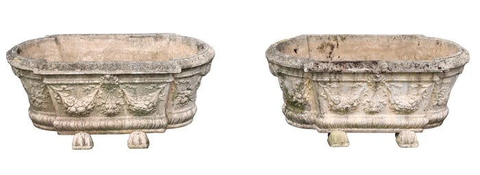 Pair of cast garden stone trough planters on pot feet