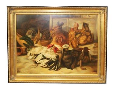Oil on canvas painting of barnyard with chickens