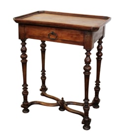 French cabaret table in walnut with crossed stretcher and single drawer