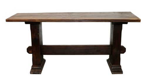French rustic Brutalist console table in dark waxed oak