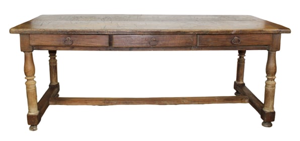 French farmhouse table in oak on turned legs with 3 drawers