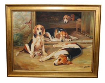 Framed oil on canvas painting of sleeping dogs signed L/R
