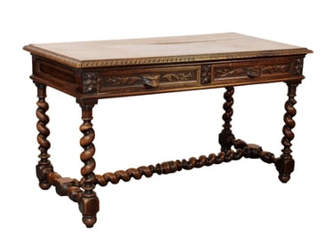 French bureau plat desk in oak on barley twist legs