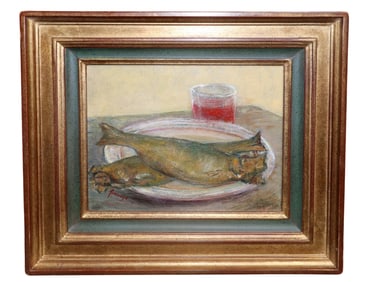 Marc Fonrouge (French, XX) oil on canvas still life painting with fish