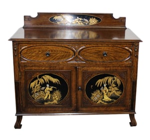 English 2 door server in oak with Chinoiserie panels