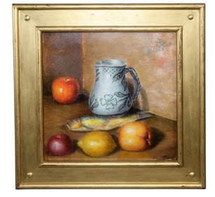 French oil on canvas painting still life with fruit signed lower right
