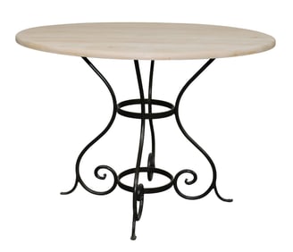 Scrolled iron base round table with bleached pine top