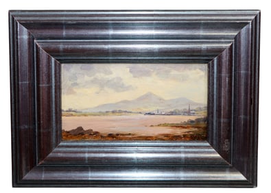 Oil on board landscape painting with waterfront