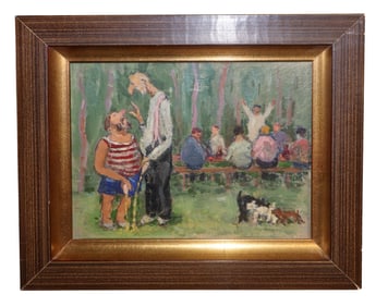 French oil on board painting of old men in the park