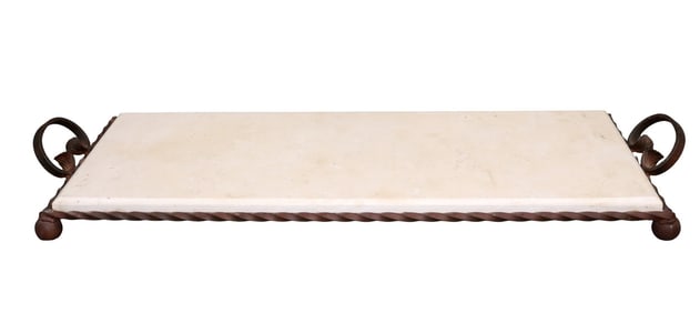 Iron and travertine serving tray with handles