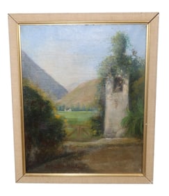 French oil on canvas landscape painting with tower signed lower left Caullet Nantaref